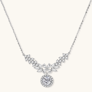 Collections Elegant sterling silver necklace featuring intricate wing-like design with brilliant moissanite stones on neutral background.