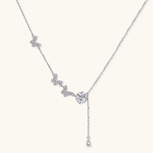 Collections Sterling silver Y-shaped necklace with butterfly charms and brilliant moissanite stone with teardrop pendant